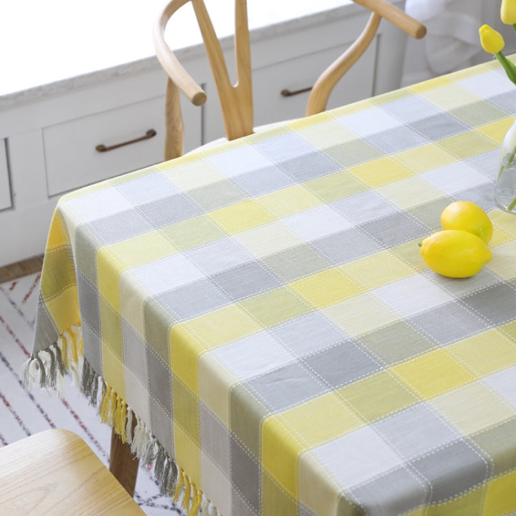 Checked Jacquard Cotton Linen Tablecloth With Tassel, Size:90x90cm