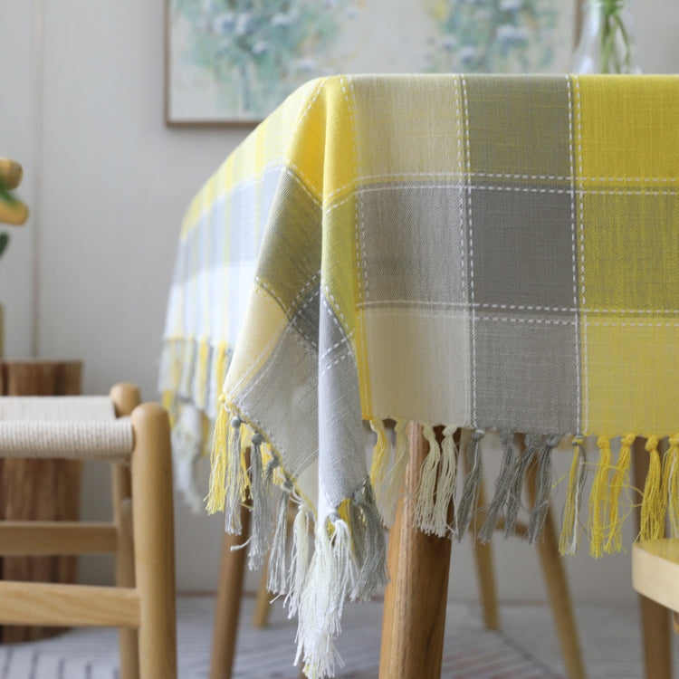 Checked Jacquard Cotton Linen Tablecloth With Tassel, Size:90x90cm