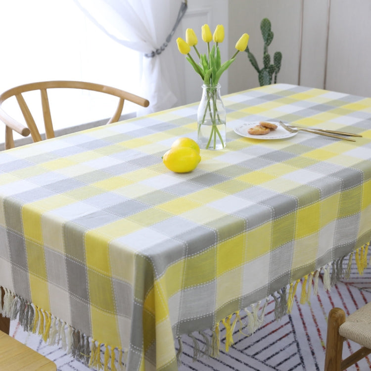Checked Jacquard Cotton Linen Tablecloth With Tassel, Size:110x160cm