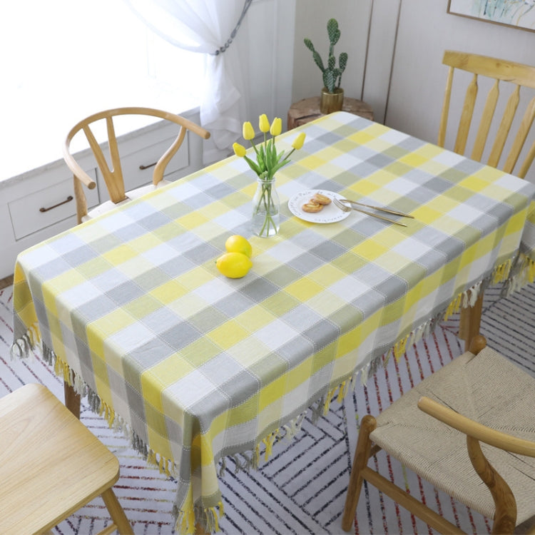 Checked Jacquard Cotton Linen Tablecloth With Tassel, Size:140x250cm