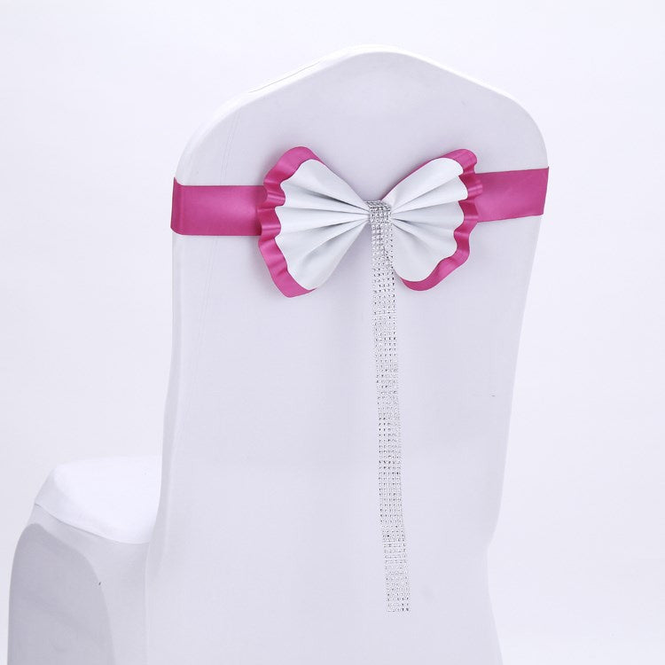 Bow Tie Leather Satin Chair Sash Bands For Wedding Party Spandex Chair Cover For Hotel Chair Decor, Color:Rose Red