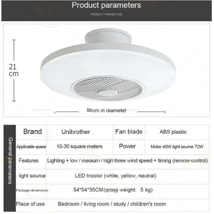 All-copper Mute LED Ceiling Invisible Fan Lights, Style:110V 3-Color Changing without APP