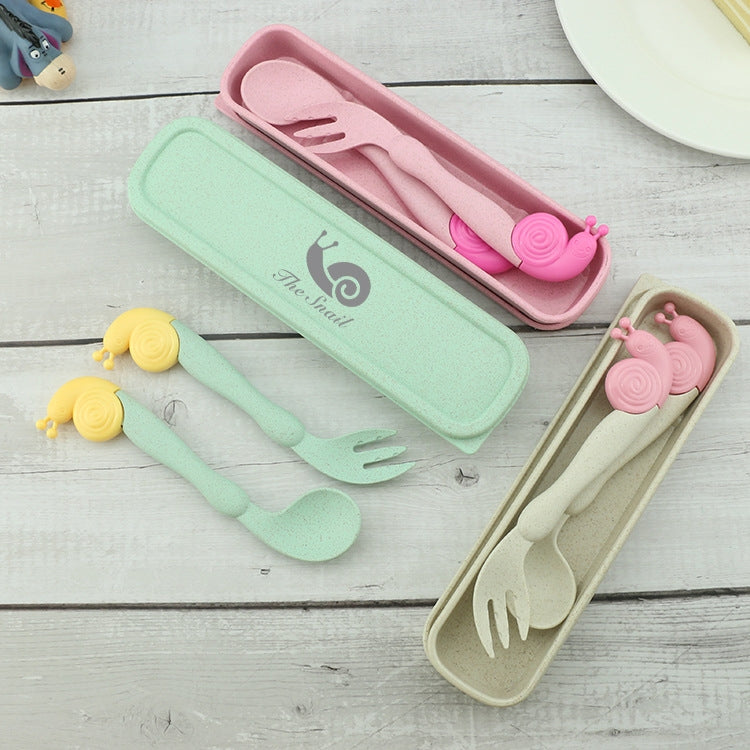 2 SET Wheat Children Portable Non-Slip Elbow Spoon Fork