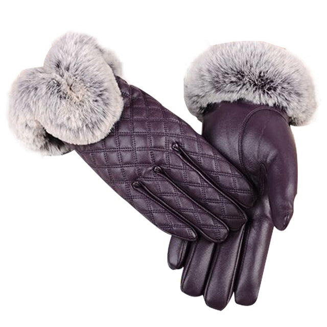 Women PU Leather Gloves Imitated Rabbit Fur Thick Warm Winter and Autumn Female Gloves