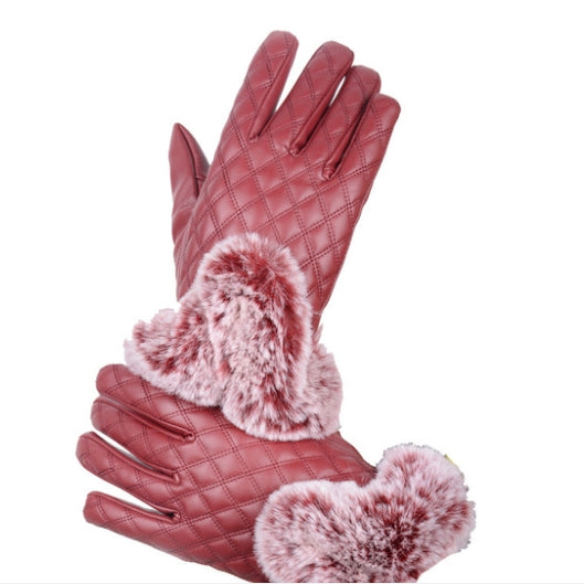 Women PU Leather Gloves Imitated Rabbit Fur Thick Warm Winter and Autumn Female Gloves