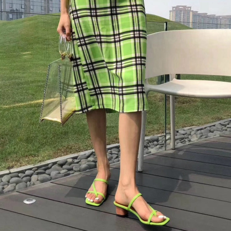 Summer Women Slipper Low Heel  Slides Female Peep Toe Square Heel Sandal Vacation Flip Flops, Size:35(Green)