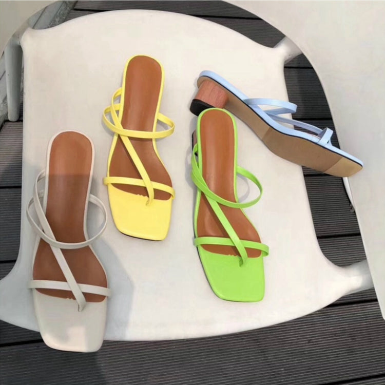Summer Women Slipper Low Heel  Slides Female Peep Toe Square Heel Sandal Vacation Flip Flops, Size:35(Green)