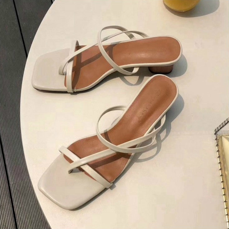 Summer Women Slipper Low Heel  Slides Female Peep Toe Square Heel Sandal Vacation Flip Flops, Size:39