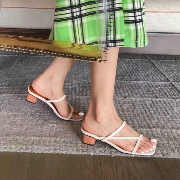 Summer Women Slipper Low Heel  Slides Female Peep Toe Square Heel Sandal Vacation Flip Flops, Size:39