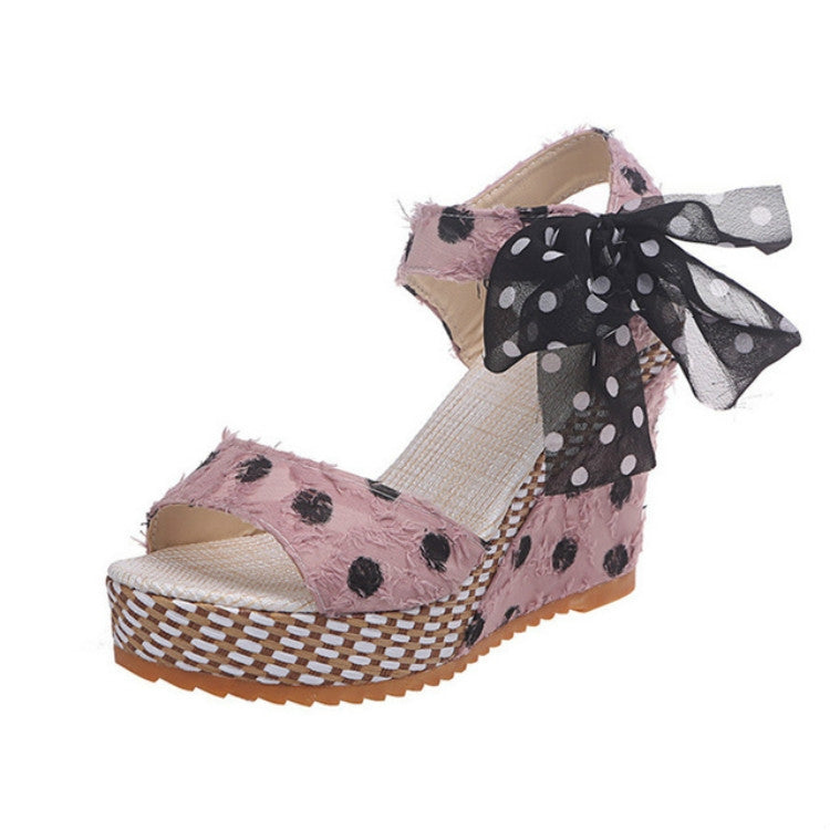 Women Sandals Dot Bowknot Platform Wedge Shoes, Size:35