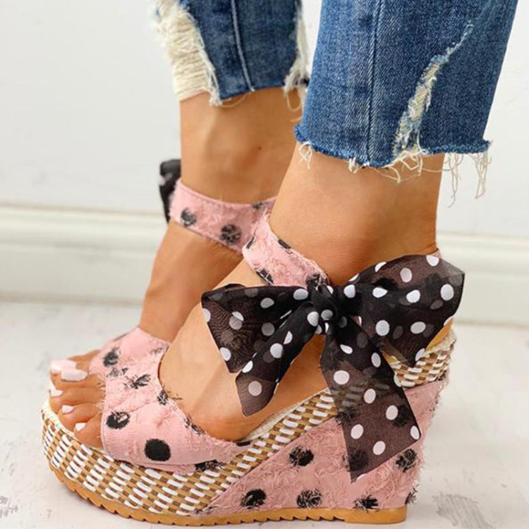 Women Sandals Dot Bowknot Platform Wedge Shoes, Size:36