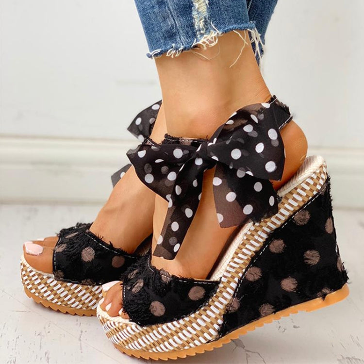 Women Sandals Dot Bowknot Platform Wedge Shoes, Size:36