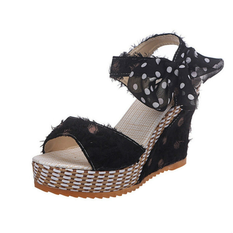 Women Sandals Dot Bowknot Platform Wedge Shoes, Size:37