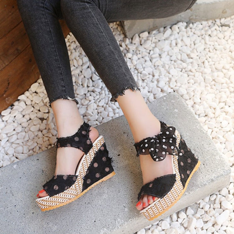 Women Sandals Dot Bowknot Platform Wedge Shoes, Size:37