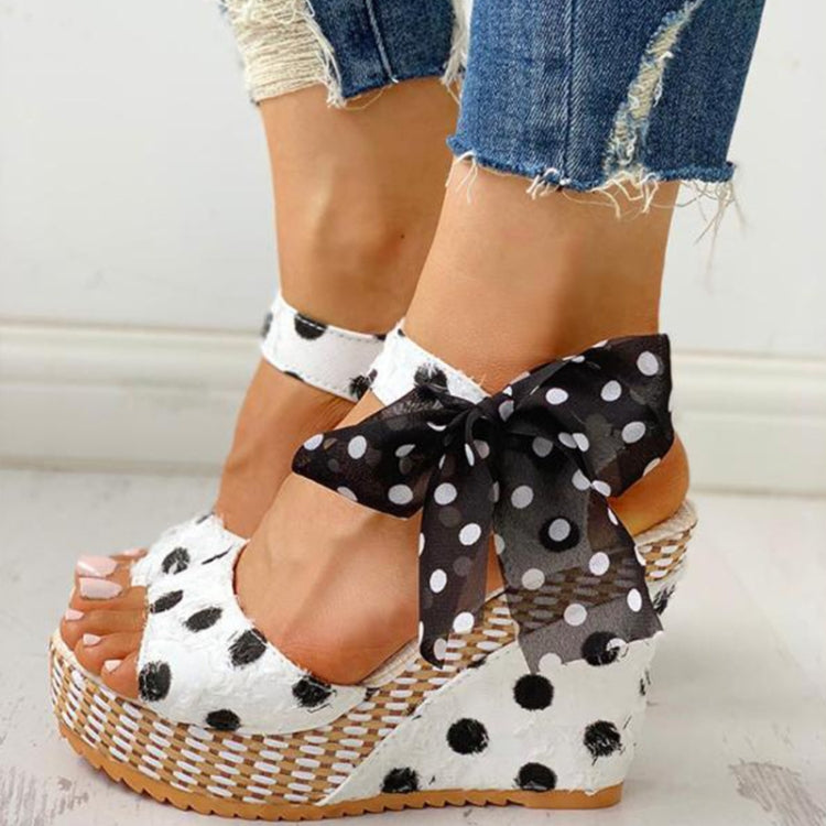 Women Sandals Dot Bowknot Platform Wedge Shoes, Size:38