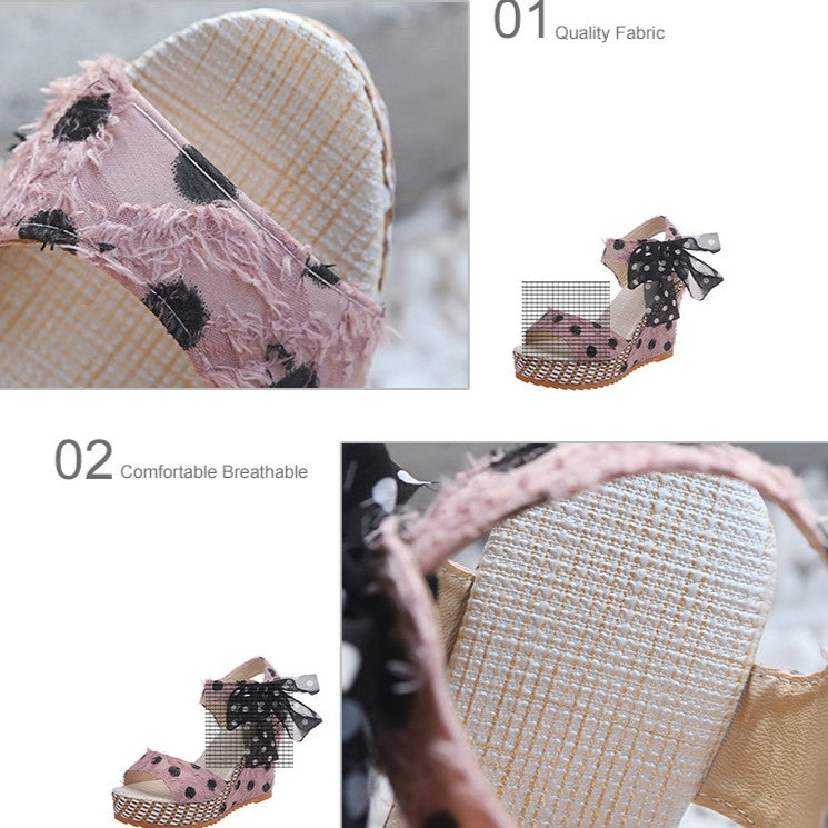 Women Sandals Dot Bowknot Platform Wedge Shoes, Size:39