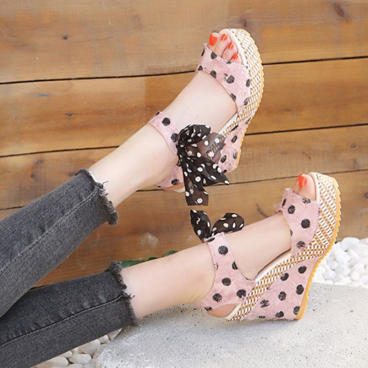 Women Sandals Dot Bowknot Platform Wedge Shoes, Size:39