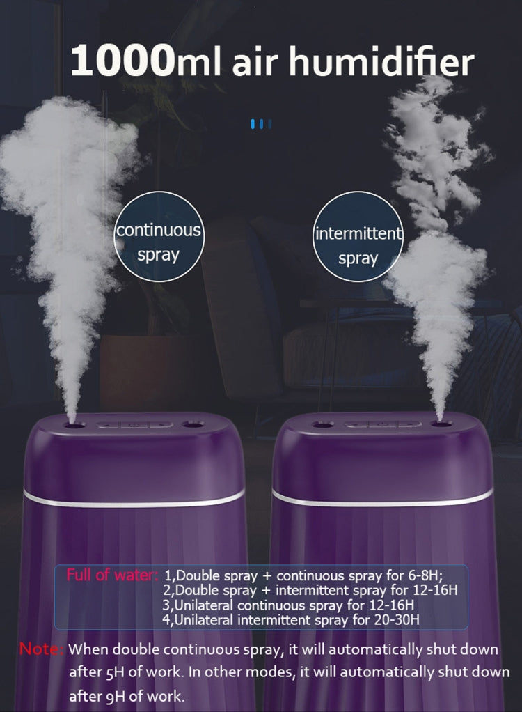 Dual-Nozzle Sprayer Air Humidifier 1L Large Capacity Ultrasonic Cool Mist Water Diffuser Aroma Humidifier, Style:Built-in Battery(Purple)