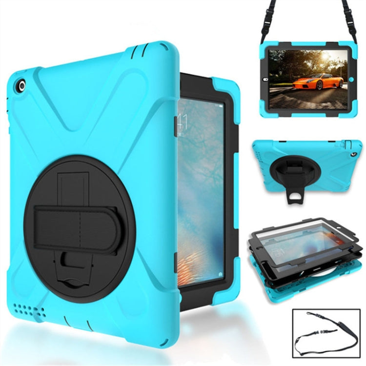 360 Degree Rotation Silicone Protective Cover with Holder and Hand Strap and Long Strap for iPad 6 / iPad Air 2