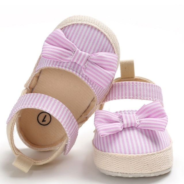 Baby Girl Soft Striped Bow PU Crib Shoes Infants Anti-slip Prewalker Summer Shoes(Pink)