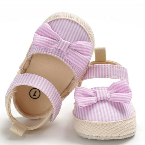Baby Girl Soft Striped Bow PU Crib Shoes Infants Anti-slip Prewalker Summer Shoes(Pink)