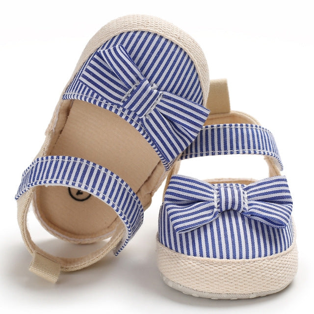 Baby Girl Soft Striped Bow PU Crib Shoes Infants Anti-slip Prewalker Summer Shoes(Blue)