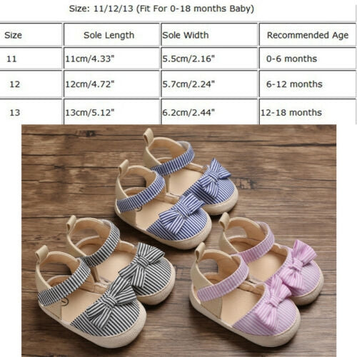 Baby Girl Soft Striped Bow PU Crib Shoes Infants Anti-slip Prewalker Summer Shoes(Black)