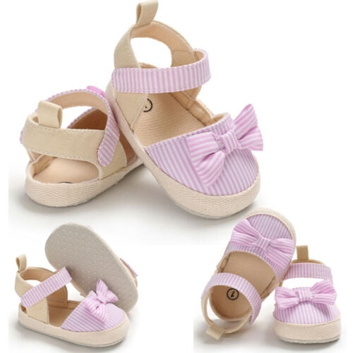 Baby Girl Soft Striped Bow PU Crib Shoes Infants Anti-slip Prewalker Summer Shoes(Black)