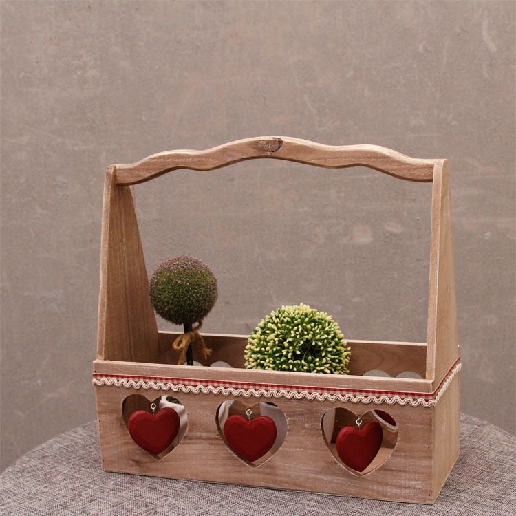 Beautiful Garden Wooden Shopping Basket Heart Decoration