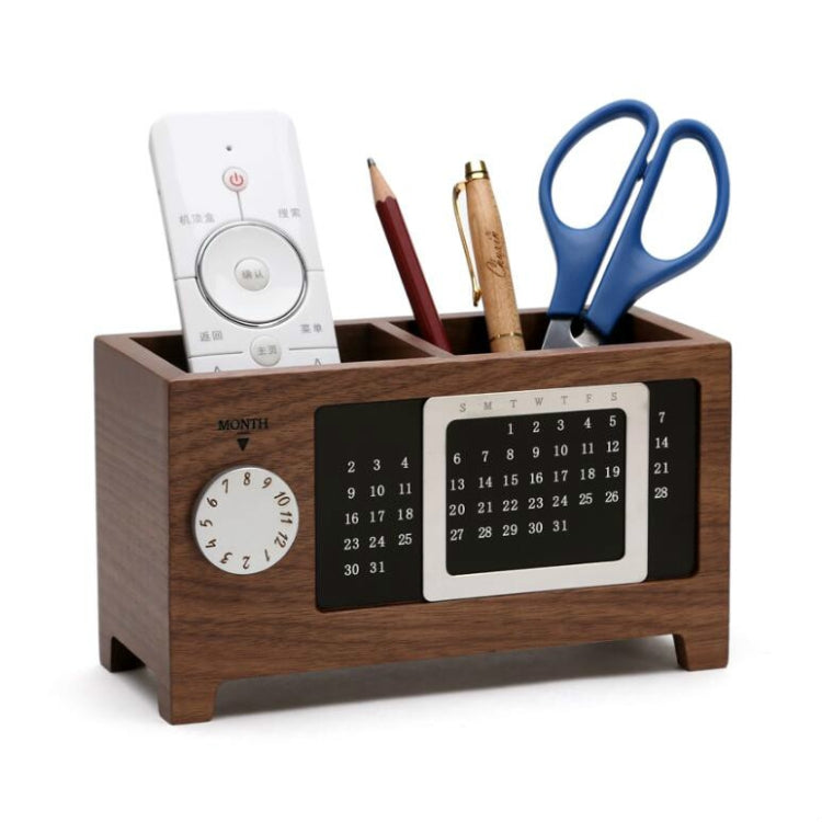 Wooden Perpetual Calendar Pen Box Creative Multifunctional Office Desktop Storage Supplies Pen Holder Walnut