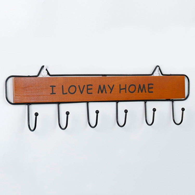 Creative Solid Wood Wrought Iron Hook Pastoral Vintage Door Coat Key Small Hanging Rack, Colour:  Six Hooks Retro Color