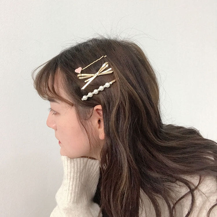 3 in 1 Bow Pearl Heart Wild Children Hair Clip Hair Accessorie(Gold)
