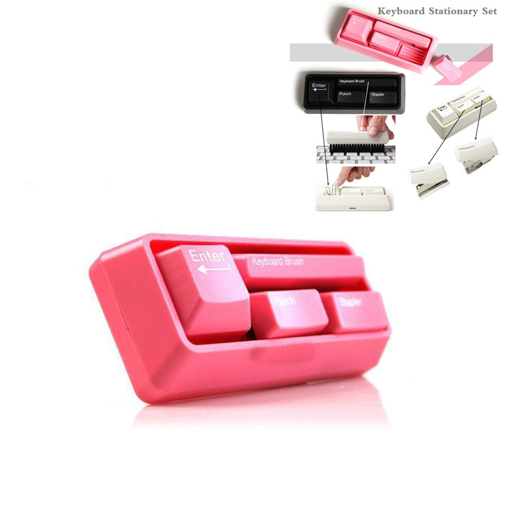 Multifunctional Keyboard Stationery Set Stapler Puncher(Pink)