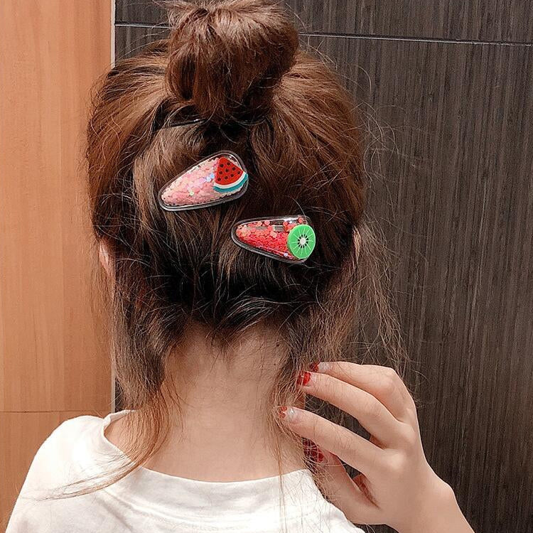 2 PCS Fruit Transparent Hair Clips Sequin Hearts Hair Accessories