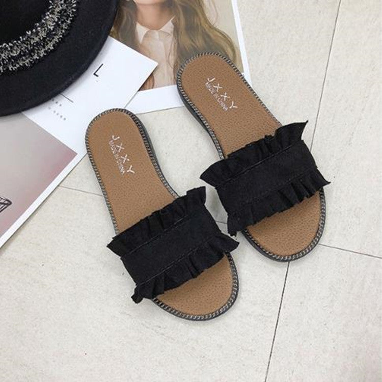Lotus Leaf Edge Beach Flat Bottom Sandals Slippers, Size:35