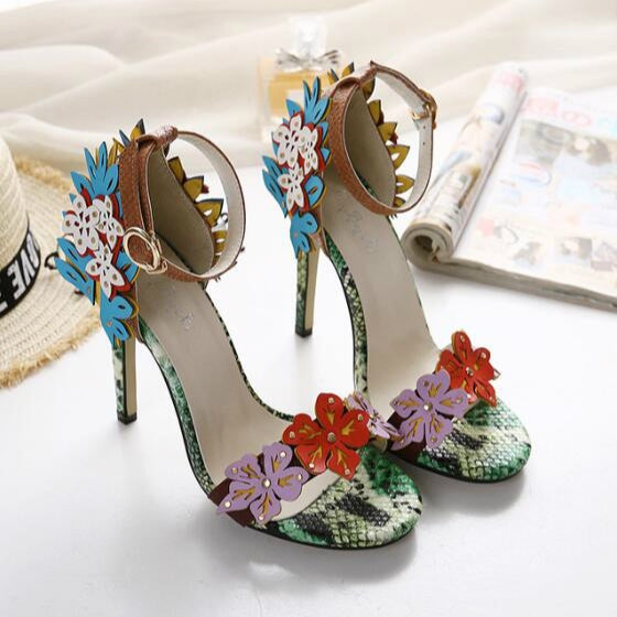 Open Toe Thin PU Flower Color Ladies Heels, Size:35(Flowers)