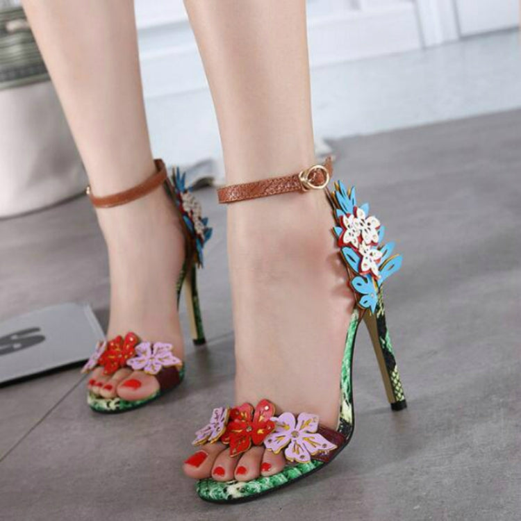 Open Toe Thin PU Flower Color Ladies Heels, Size:36(Flowers)