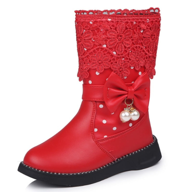 Children Velvet Bow Pendant Lace Lace Snow Boots, Size:36, Color:Red