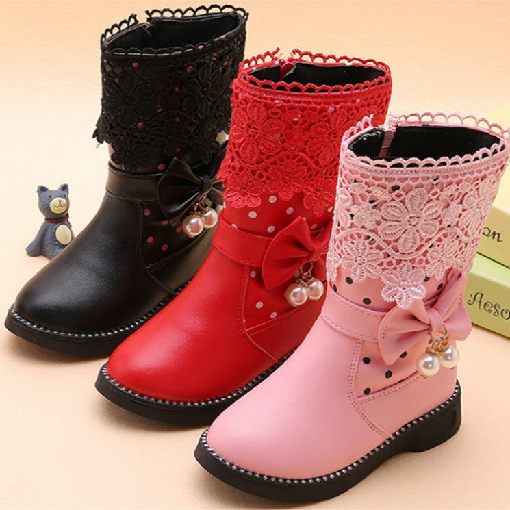 Children Velvet Bow Pendant Lace Lace Snow Boots, Size:36, Color:Red