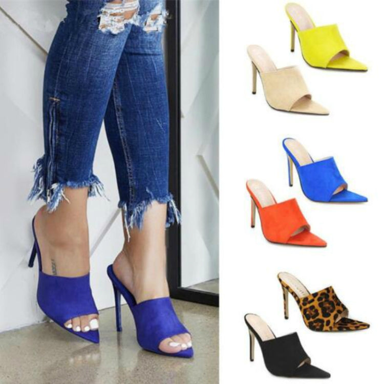 Summer Style Women Leopard High Heels Mules Pointed Toe Sexy Women Slides Female Thin High Heels Female Outdoor Slippers, Size:39