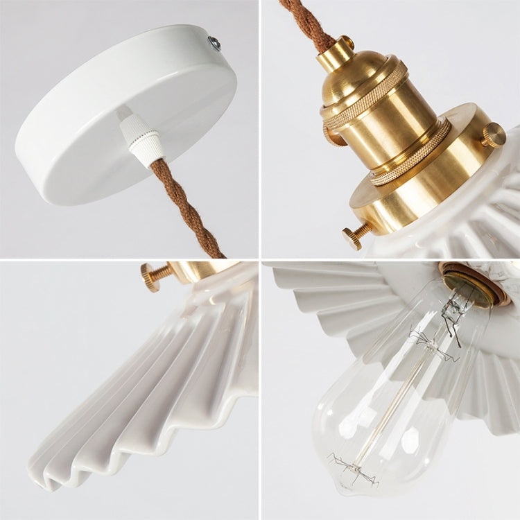 Simple Retro Brass Glass Pleated Single Head Chandelier with 5W Three-color Light(White Ceramic)