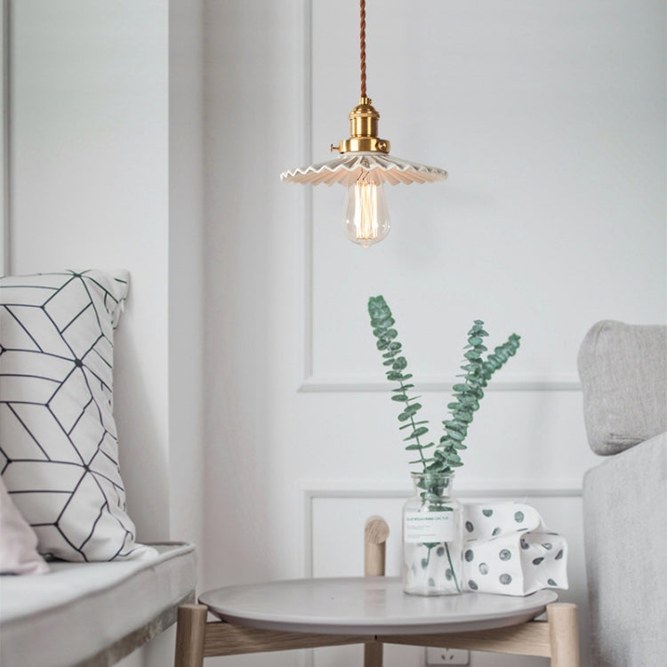 Simple Retro Brass Glass Pleated Single Head Chandelier with 5W Three-color Light(White Ceramic)