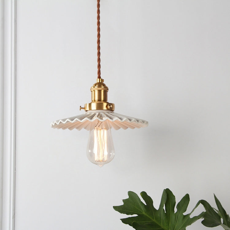 Simple Retro Brass Glass Pleated Single Head Chandelier without Light Source(White Ceramic)