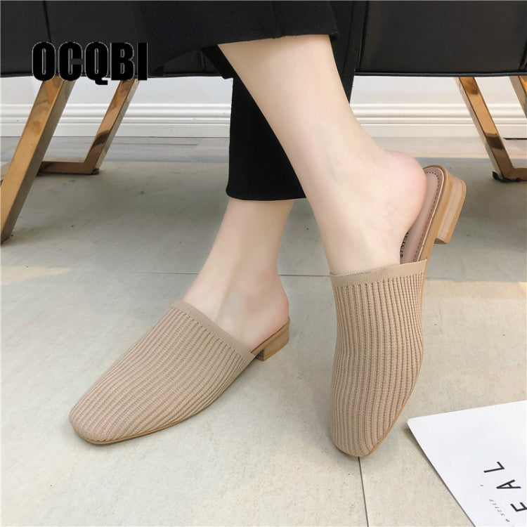 Women Elastic Cloth Round Toe Flats Elastic Band Slipper, Shoe Size:35(Beige)