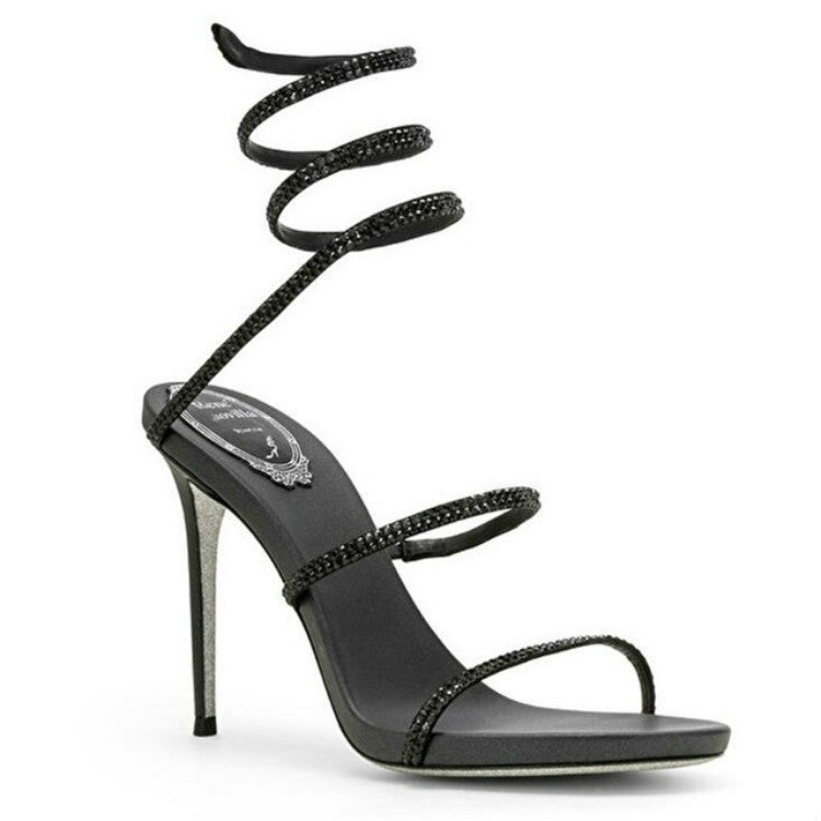 Lace-up High Heels Roman Sandals with Thin Heels Snake-Shaped Winding Water Drill Cool Shoes, Shoe size:34