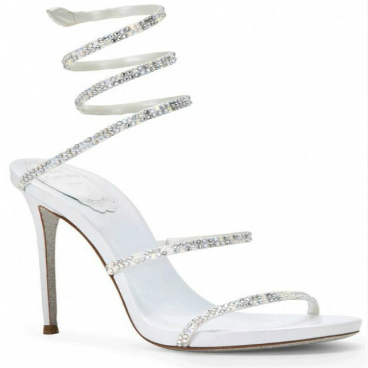 Lace-up High Heels Roman Sandals with Thin Heels Snake-Shaped Winding Water Drill Cool Shoes, Shoe size:38