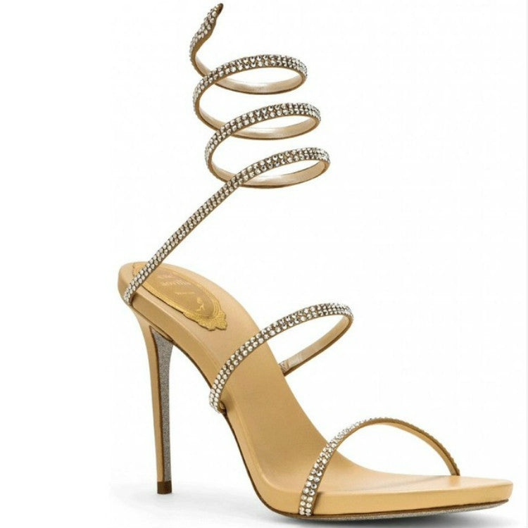 Lace-up High Heels Roman Sandals with Thin Heels Snake-Shaped Winding Water Drill Cool Shoes, Shoe size:38
