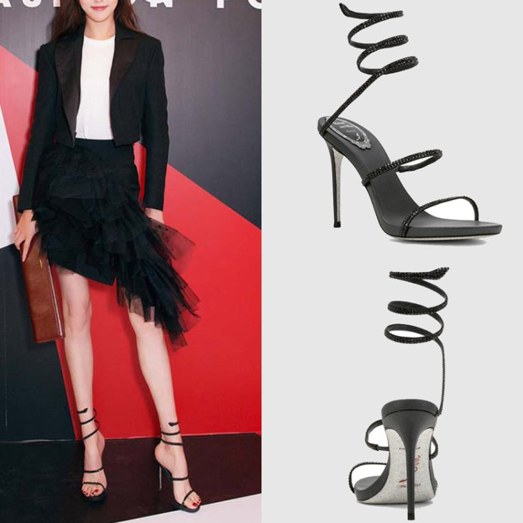 Lace-up High Heels Roman Sandals with Thin Heels Snake-Shaped Winding Water Drill Cool Shoes, Shoe size:40