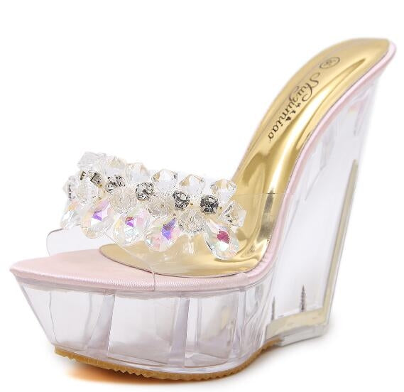Women Diamond 14cm  High-heeled Slippers Crystal Waterproof Non Slip Bottom Thick Sandals, Shoe Size:39