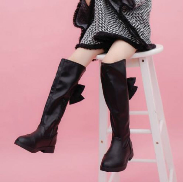 Girl Black Over-The-Knee High Boots With Bow, Size:34, Color:Black With Cotton